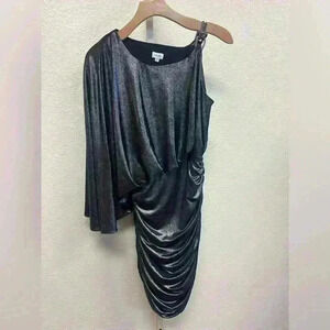 Vtg 90s Y2K Dark Silver Metallic One Shoulder Chain Ruched Dress Size 6